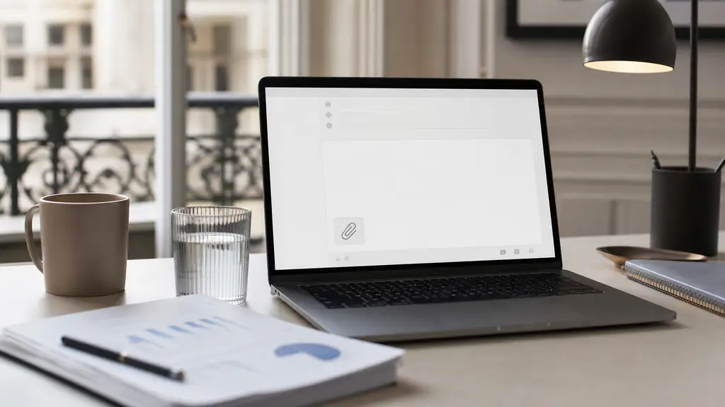 A professional office desk with an open laptop showing an email draft, a visible attachment icon, and a printed document beside the keyboard, natural editorial photography, no text or logo
