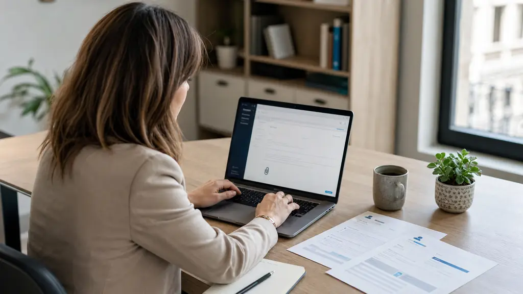 A woman at an office desk sending a professional email on a laptop, with a CV document and a printed price quote beside the keyboard, visible attachment icon on screen, natural editorial photography, no text or logo
