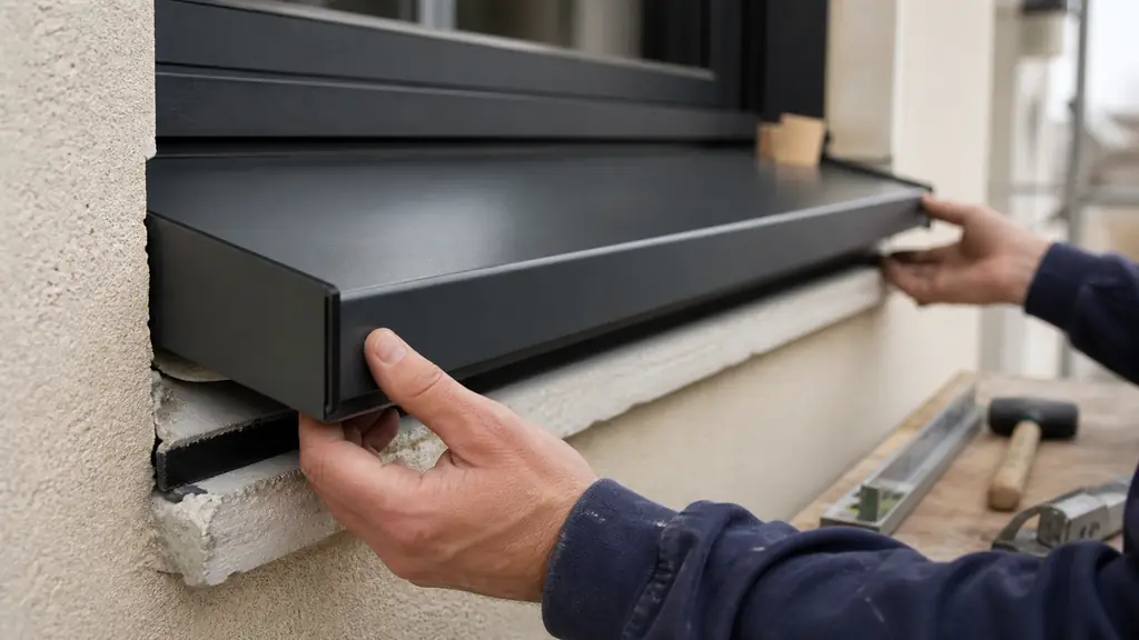 Close-up editorial photograph of a craftsperson fitting a dark thermolaquered aluminium window sill over existing masonry, with visible side end caps and anti-vibration film underneath