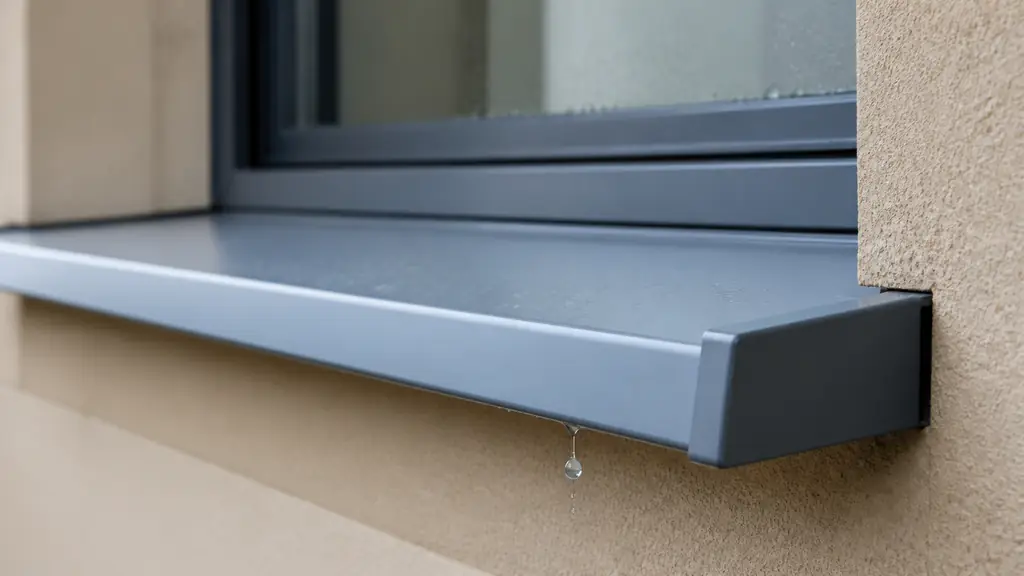 Editorial close-up photograph of a sloped aluminium window sill with visible side end caps and a water droplet falling from the front drip edge away from a rendered facade, no text or logo