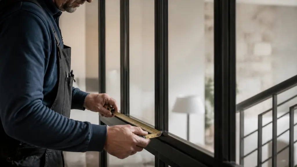Close-up editorial photograph of a black steel interior glass partition beside a matching staircase guardrail, with a craftsman checking the dimensions using a tape measure, no text or logo