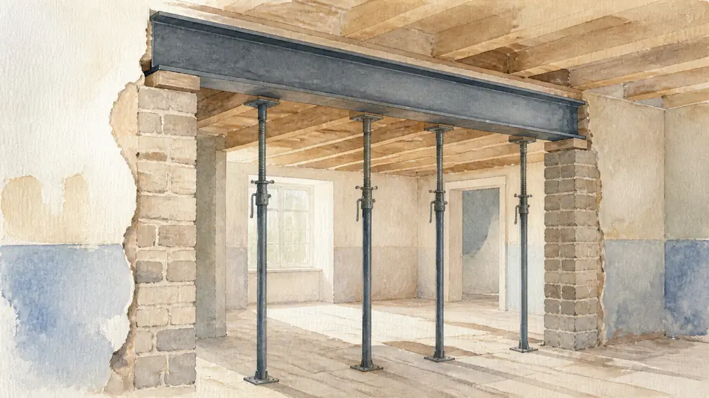 Editorial photograph of a steel IPN beam resting on two masonry jambages above a newly created wall opening, with adjustable steel props still supporting the floor during installation, no text, no logo