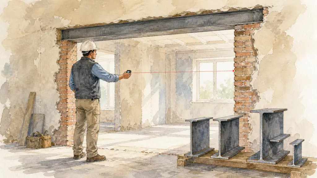 Editorial photograph of a structural engineer measuring a four-metre wall opening with a laser meter, examining two masonry jambages and comparing several steel IPN profile samples, no text, no logo
