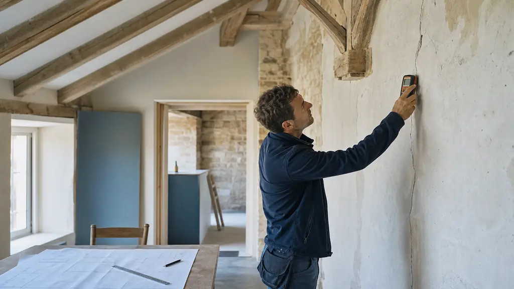 Building inspector examining a wall crack with a moisture meter beneath an exposed roof frame, renovation plans resting on a nearby table, editorial photography, no text, no logo