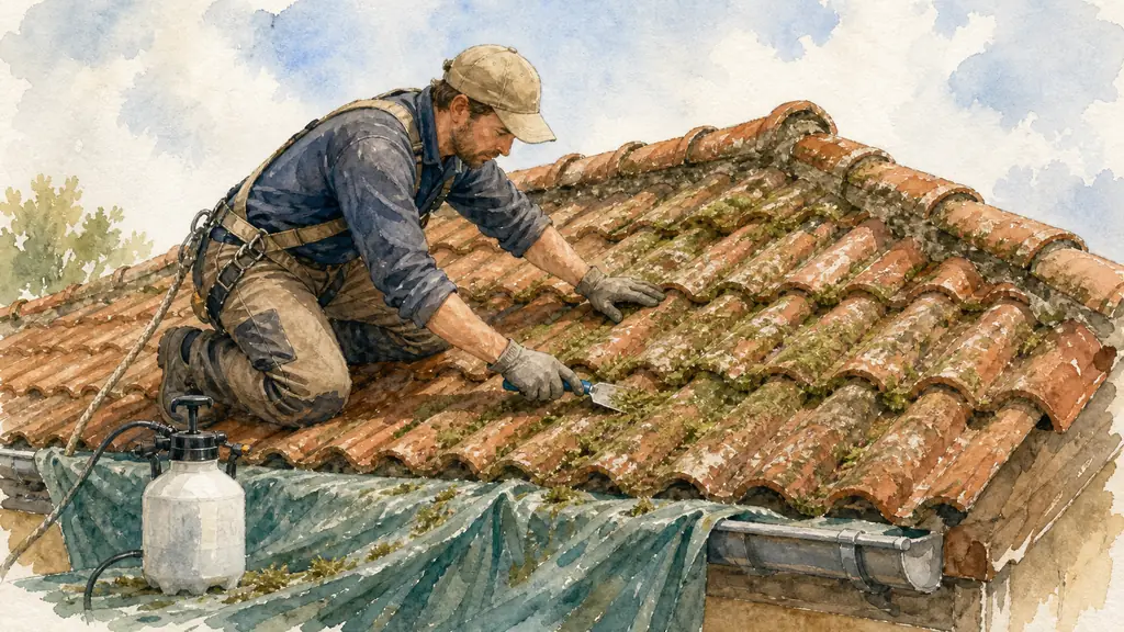 roofer hand-scraping moss from red Roman roof tiles beside the ridge, with a low-pressure sprayer and a protective tarp covering the zinc gutter