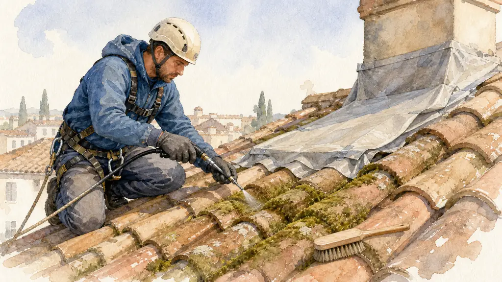 roofer testing a controlled low-pressure nozzle on a small patch of mossy Roman roof tiles, with a soft brush nearby and zinc flashing carefully covered by a protective sheet