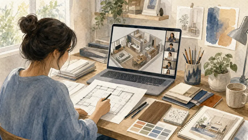 Interior design student attending a live video workshop at home, sketching a floor plan beside material samples while a detailed 3D apartment model is displayed on a laptop