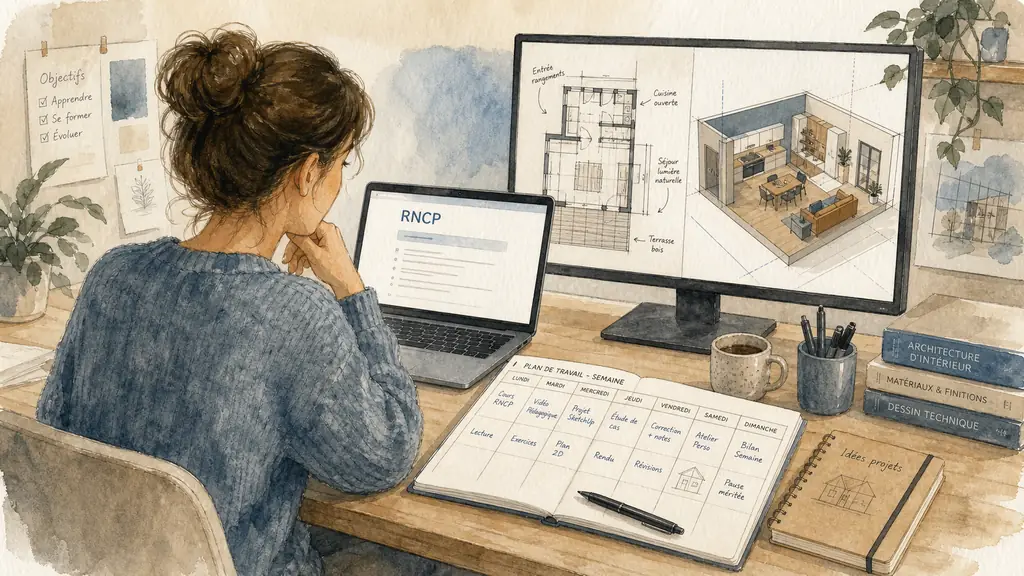 Adult learner reviewing an RNCP registration page on a laptop beside a weekly study planner, an annotated floor plan and a SketchUp model displayed on a second screen