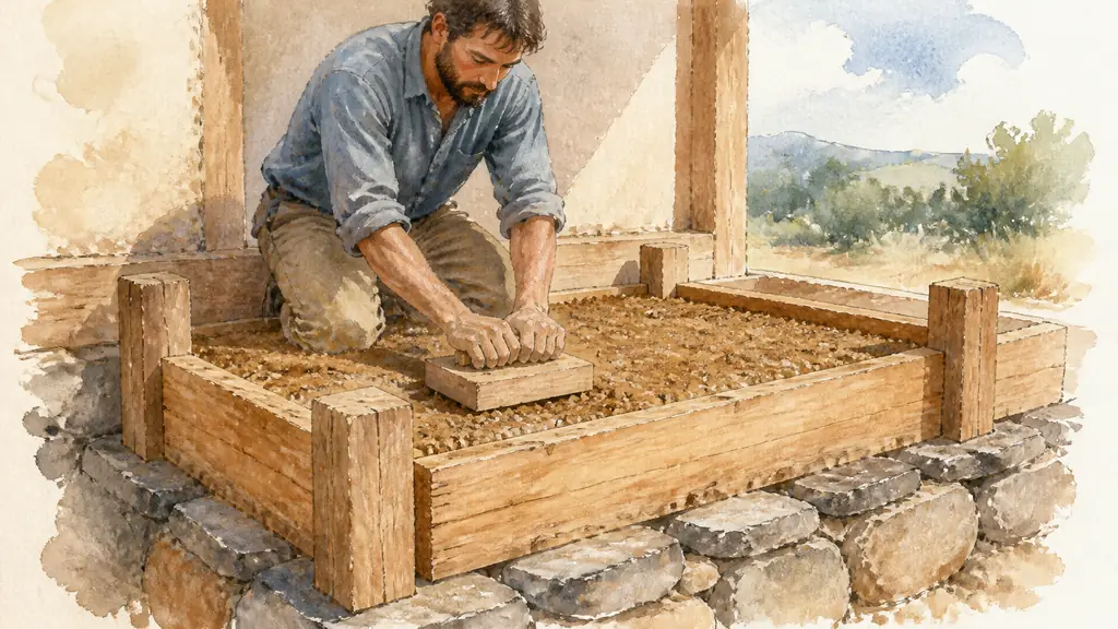 Editorial photograph of a craftsperson compacting damp raw earth inside timber formwork set on a stone base, with visible sand and gravel in the earth mixture, natural light, no text, no logo