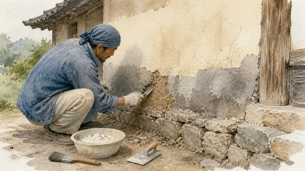 Editorial photograph of a craftsperson inspecting a damp earthen wall base beside a stone plinth, removing loose cement render and preparing a small lime plaster repair, natural light, no text, no logo