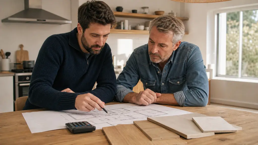 Editorial photograph of a homeowner and contractor comparing a house floor plan beside a calculator and mid-range flooring samples on a kitchen table, natural daylight, no text, no logo