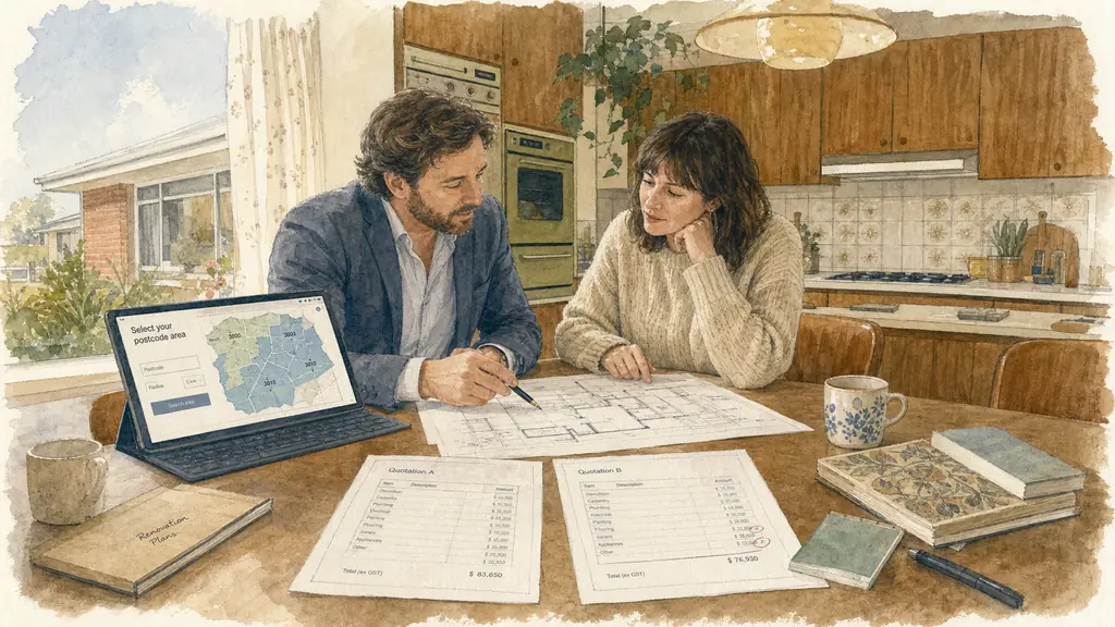 A renovation broker reviewing measured floor plans with a homeowner at a 1970s house kitchen table while two contractor quotations and a postcode selection screen are visible