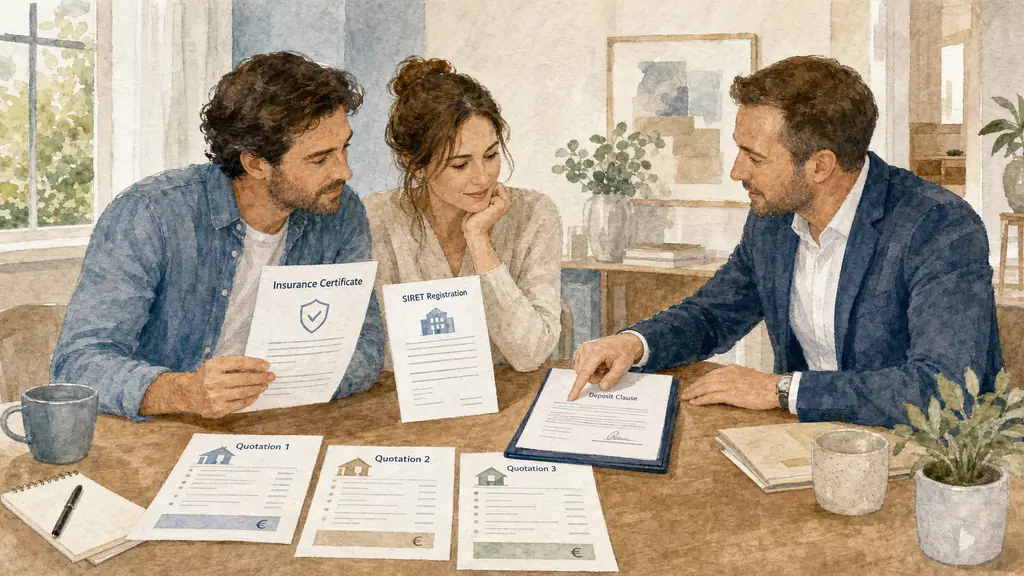 A homeowner checking a contractor insurance certificate and SIRET details beside three itemized renovation quotations while a broker points to the deposit clause on the signed contract
