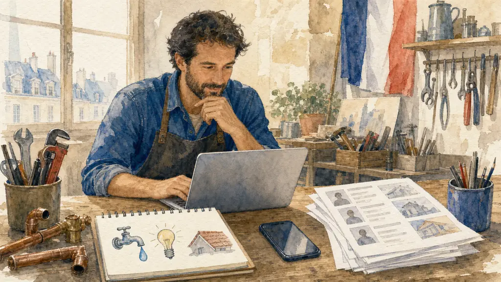 A French artisan at a workbench reviewing quote requests on a laptop, with a notepad listing plumbing, electrical, roofing categories and a smartphone beside printed customer leads, editorial photo, no text, no logo