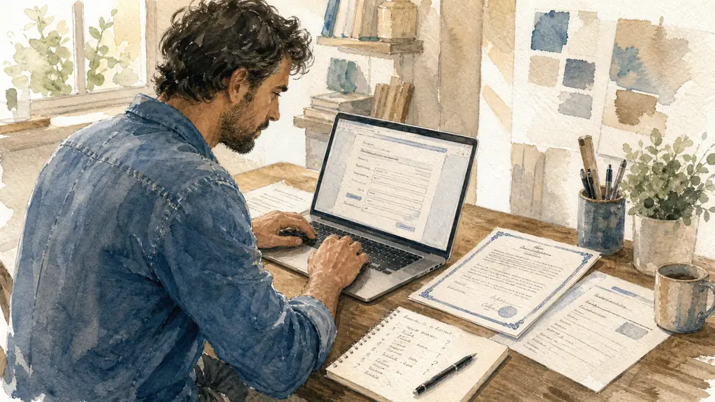 French artisan at a desk filling out a pro signup form on a laptop, with a printed insurance certificate, a SIRET document, and a handwritten list of ZIP codes and lead pricing questions, editorial photo, no text, no logo