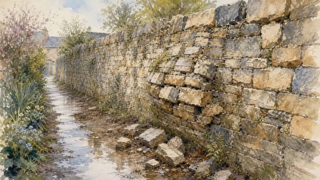 Editorial photo of an old stone wall beside a narrow garden path, with a visible mid-wall bulge, crumbling mortar joints, and a few loose stones on the ground after rain, no text or logo