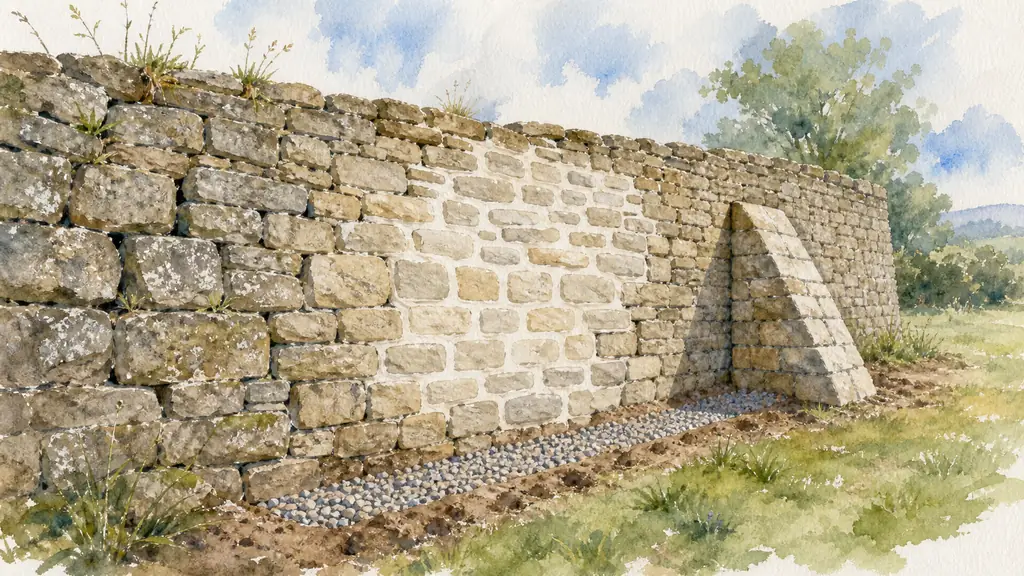 Editorial photo of a leaning old stone wall with fresh lime mortar repointing on one section, a small stone buttress added at the side, and a narrow trench with gravel drainage at the base, no text or logo