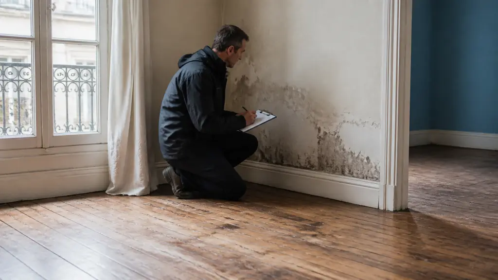 Homeowner inspecting a damp wall with visible mold near a window while noting defects on a room-by-room checklist, worn parquet floor in foreground, natural editorial photography, no text, no logo